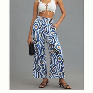 🔵 Anthropologie Maeve Saria Smocked Wide-Leg Pants – Blue Pattern – 12P